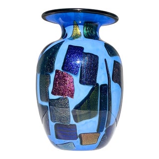 Mad Art Studio Handblown Azure Blue & Dichroic Mosaic Vase For Sale