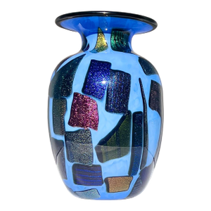 Mad Art Studio Handblown Azure Blue & Dichroic Mosaic Vase