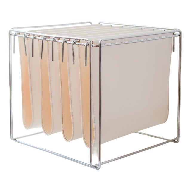 Vintage Isocèle Magazine Rack in Chromed Steel and Beige Imitation Leather by Max Sauze for Arrow, France, 1970s For Sale