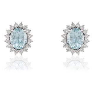 VRJewels 3.72ct Oval Aquamarine Diamond Halo Stud Earrings in 14k Gold- 2 Pieces For Sale