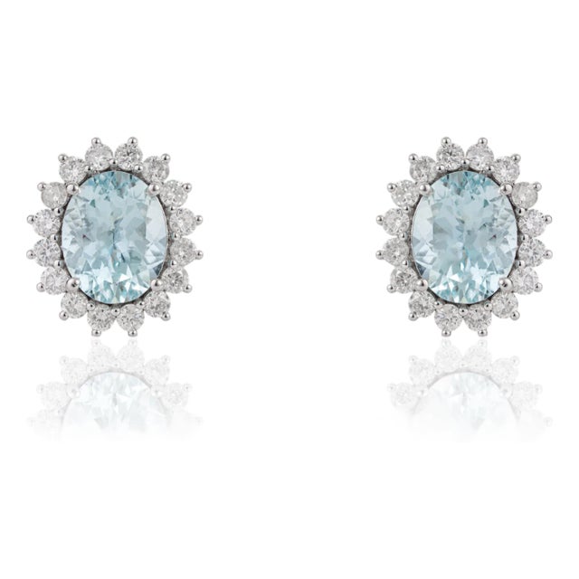 VRJewels 3.72ct Oval Aquamarine Diamond Halo Stud Earrings in 14k Gold- 2 Pieces For Sale
