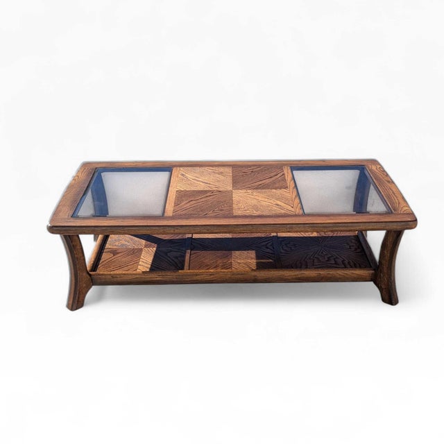 Mid 20th Century Smoked Glass and Oak Parquetry Coffee Table With Lower Shelf For Sale - Image 12 of 18