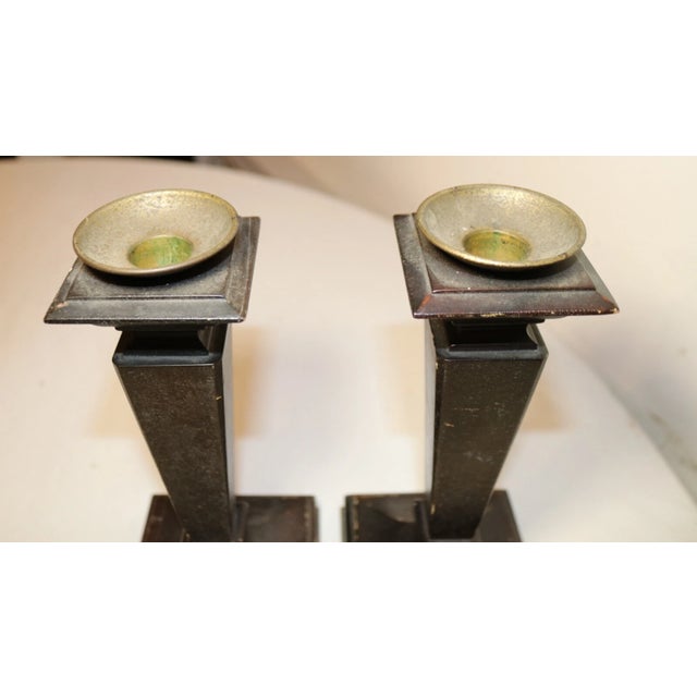 Wood Pair Antique 1800's Hand Carved English Wood Brass Candlesticks Candle Holders For Sale - Image 7 of 10