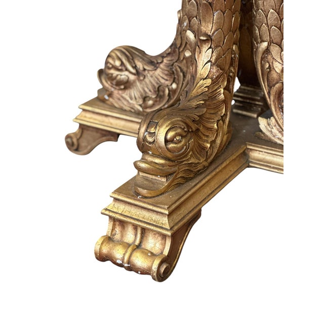 Gold Mid 20th Century Impressive Regency Burled Fruitwood Pedestal Center Table With Gilded Dolphin Base For Sale - Image 8 of 14