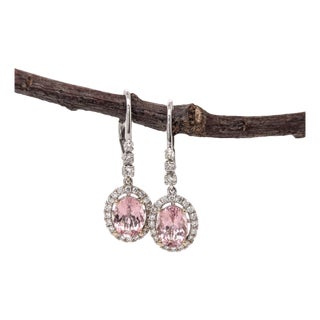 2.5Ct Morganite Diamond Drop Earrings: Solid 14k White Gold, Oval 8x6mm, Pair For Sale