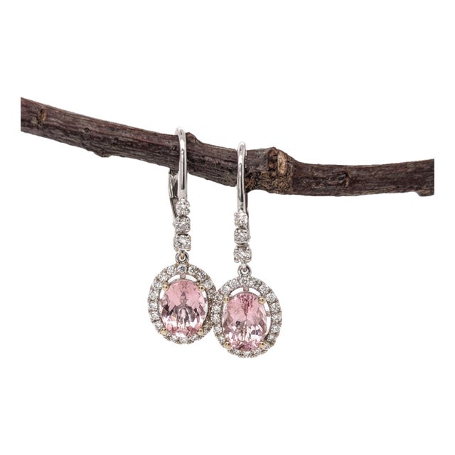 2.5Ct Morganite Diamond Drop Earrings: Solid 14k White Gold, Oval 8x6mm, Pair For Sale