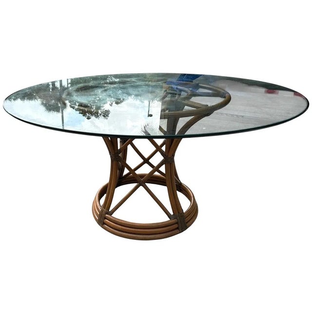 1960s 1960s Coastal Rattan Bamboo Dining Table & 4 Chairs Glass Top For Sale - Image 5 of 9