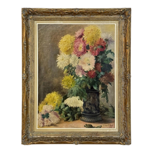 Framed Oil on Canvas, Still Life With Chrysanthemums, by M. Taquet-Beal, 1944, Belgium
