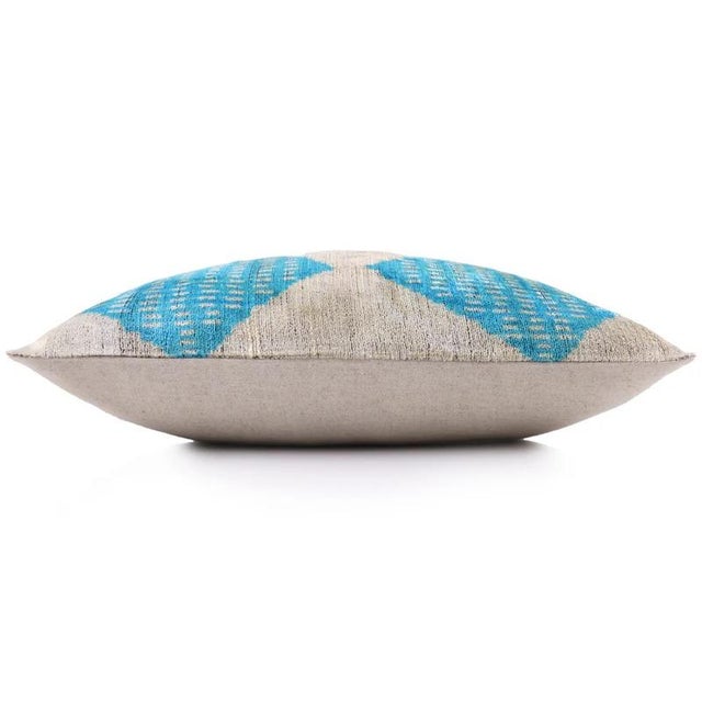 Mid-Century Modern Handmade 16x24 Turquoise Silk Velvet Throw Pillow – Luxury Geometric Lumbar Cushion For Sale - Image 3 of 8