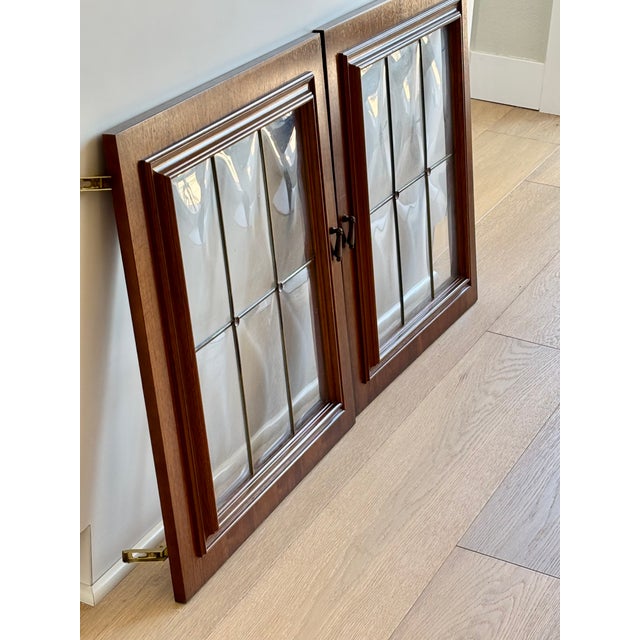 Vintage 70s Pair of Walnut and Convex Leaded Clear Glass Cabinet Doors For Sale - Image 12 of 18