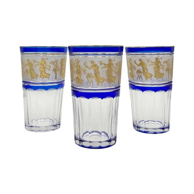 Vintage Set of 3 Val St. Lambert Danse De Flore Tumbler Glasses Cobalt Crystal For Sale - Image 12 of 12