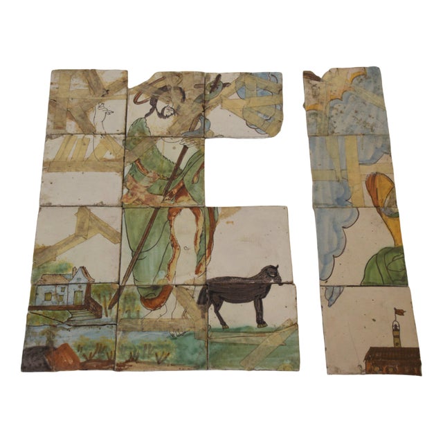 Antique Polychrome Tile Composition with Mural of Jesus For Sale