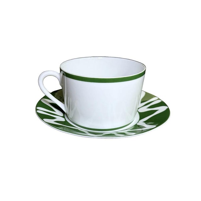 Postmodern 1990s Bill Goldsmith Site Carot New Florida Green Limoges Cup & Saucer Set of 5 - 10 pcs For Sale - Image 3 of 14