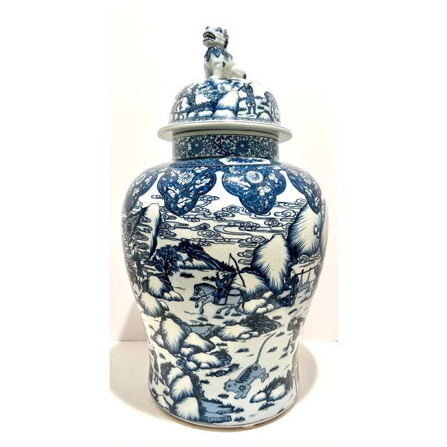 Ethan Allen Large Blue & White Porcelain Temple Jar W/ Foo Dog Lid – 25” Chinoiserie For Sale - Image 9 of 12