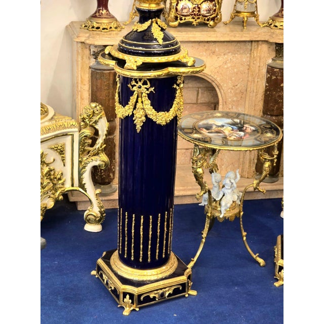 Ornamental & Decorative Materials Grand Sevres-Style Midnight Blue Porcelain Vase on Pedestal With Gold Leaf & Bronze Details For Sale - Image 7 of 10
