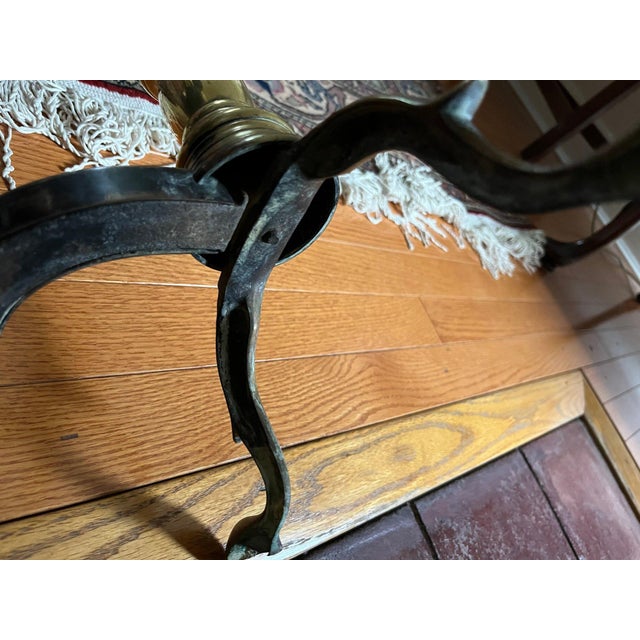 Mid‑Century Brass Pierced Fireplace Fender + Andirons & Tool Set- 6 Pieces For Sale - Image 9 of 12