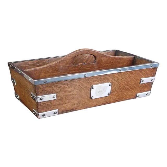 Antique English Oak and Silver Plated Bar Tray, 1910 For Sale
