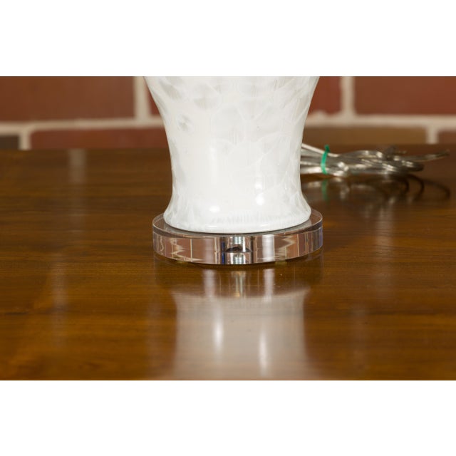 Pair of White Porcelain Vase Table Lamps on Lucite Bases with Textured Décor For Sale - Image 12 of 12
