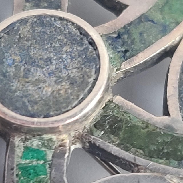 Los Castillo 1970s Los Castillo Mexico Turquoise Malachite Lapis Swirl Sterling Brooch For Sale - Image 4 of 9