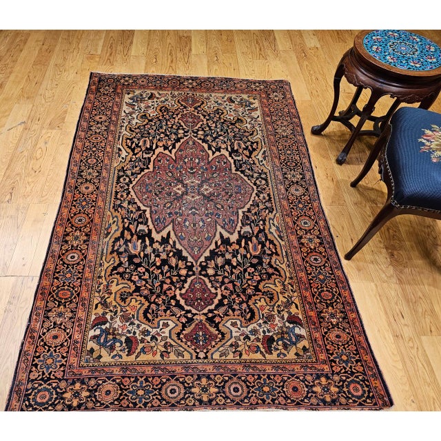 19th Century Persian Farahan Sarouk Rug, Hand-Knotted Wool, Floral Pattern, Navy & Plum Red, 4x6 For Sale - Image 4 of 18
