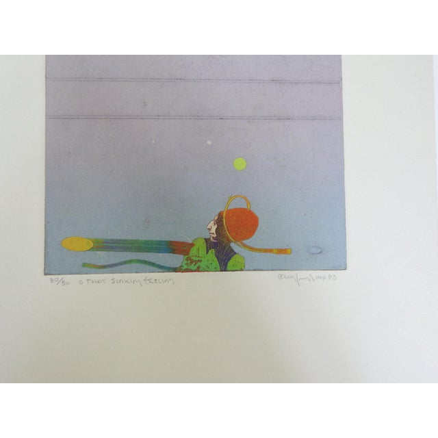 1983 colored etching on paper abstract surreal landscape by Walter Crump (20th, 21st century) Massachusetts. Signed,...