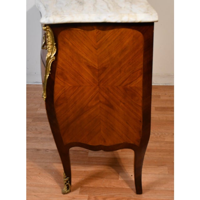 1910 Antique French Louis XV Satinwood Inlaid & Marble Top Commode / Dresser For Sale - Image 12 of 13