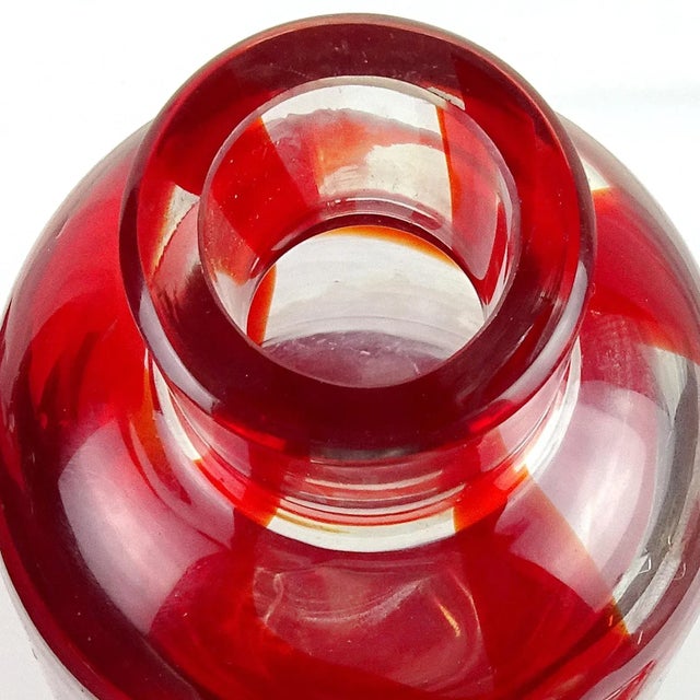 Beautiful vintage Murano hand blown red band pattern on clear Italian art glass bottle decanter. Attributed to the...