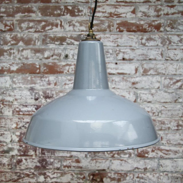 1950s Vintage British Industrial Grey Enamel and Brass Pendant Light For Sale - Image 5 of 6