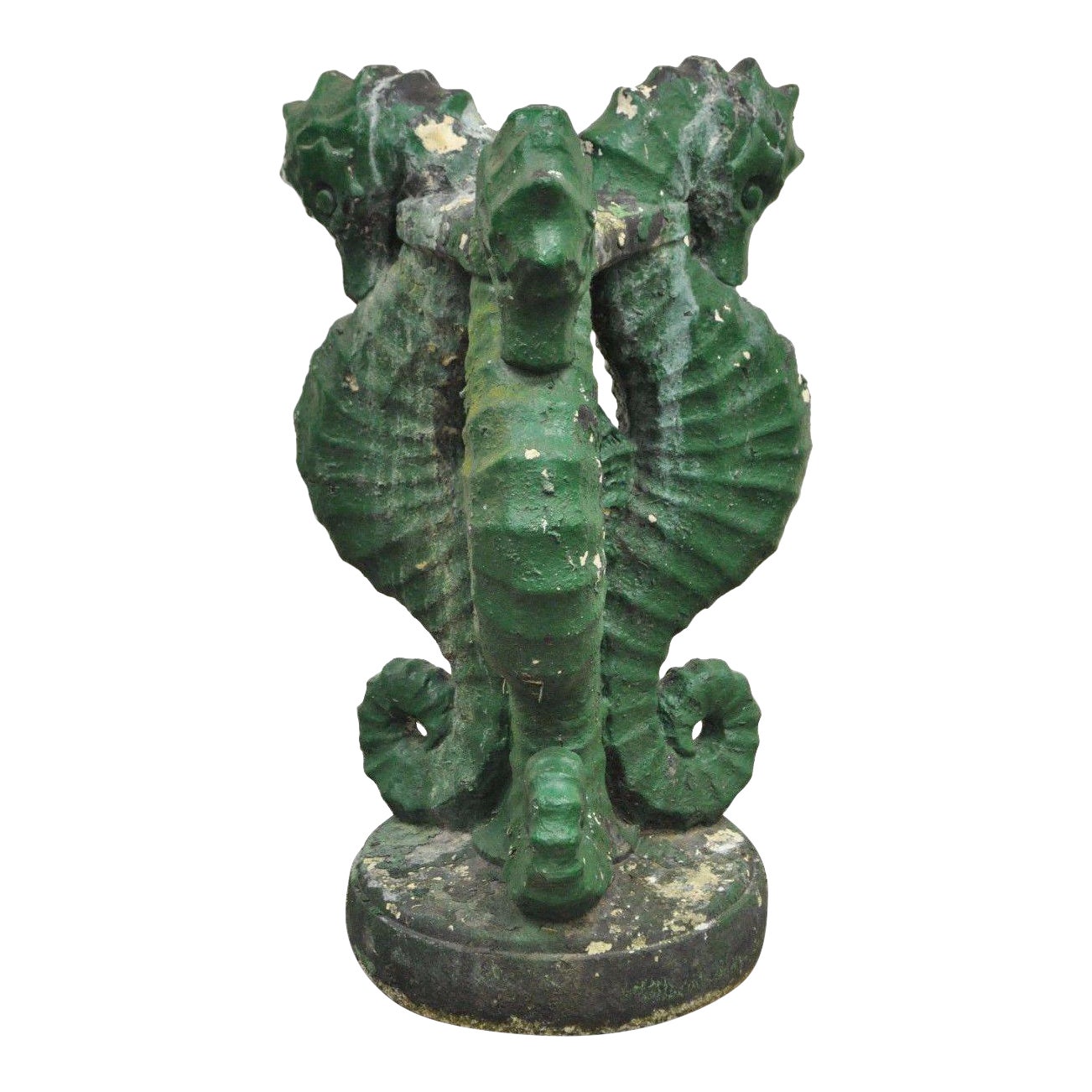 Vintage 30 Green Concrete Triple Seahorse Birdbath Base Garden