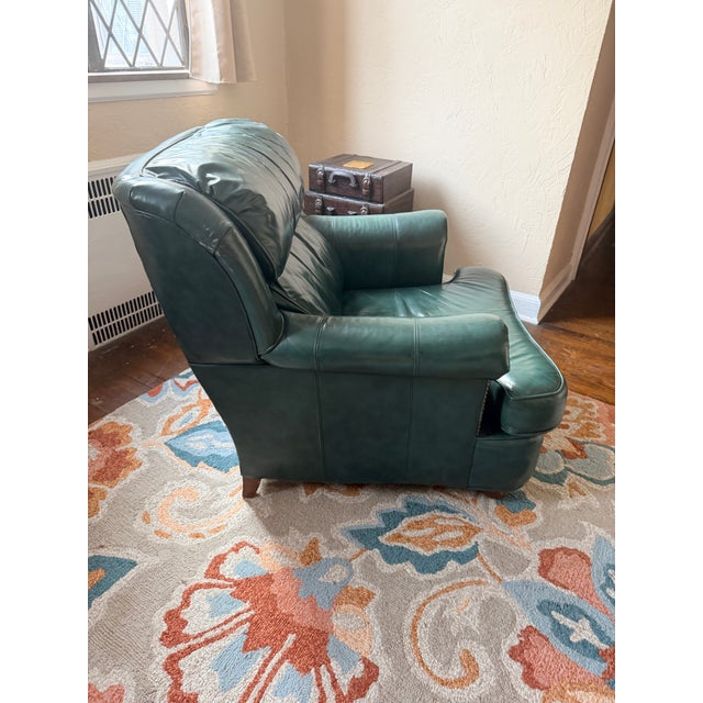Hancock & Moore Styled Green Leather Club Chair With Ottoman For Sale In Pittsburgh - Image 6 of 9