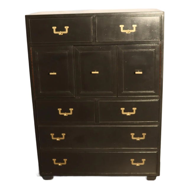1970s Vintage Henredon Artefacts Tall Chest in Midnight Blue With Brass Hardware For Sale