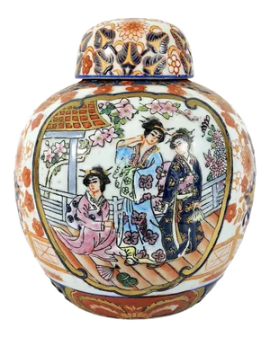 Vintage Chinese 'Satsuma Style' Figural Ginger Jar With Gilt, Ladies in the Garden Pavillion