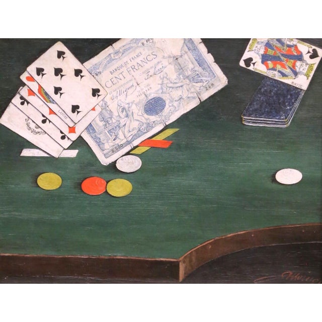 French 19th Century French Signed Still Life Painting of Playing Cards and Casino Table For Sale - Image 3 of 10