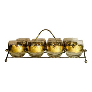 Mid 20th Century Culver “Coronet” 22k Roly Poly Glasses and Caddy - 9 Pieces For Sale