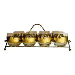 Mid 20th Century Culver “Coronet” 22k Roly Poly Glasses and Caddy - 9 Pieces