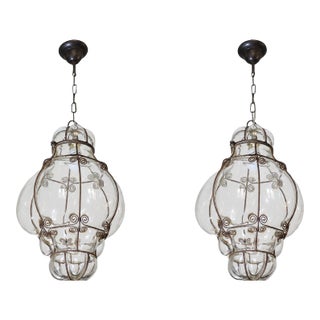 1970s Large Size Transparent Colour Venetian Lantern, Seguso Murano Glass - Set of 2 For Sale