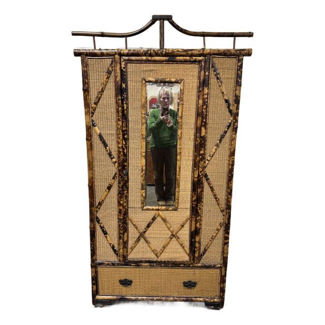 Victorian Boho Style Burnt Bamboo Armoire For Sale