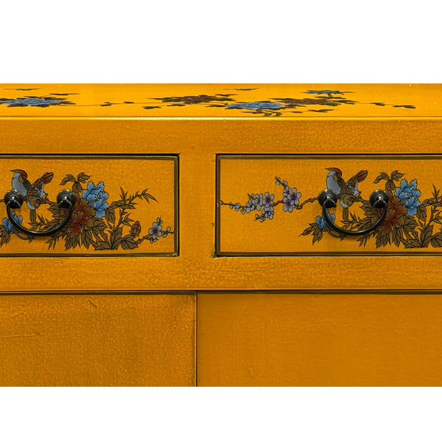 Oriental Bright Mustard Yellow Vinyl Flower Bird Graphic Cabinet For Sale In San Francisco - Image 6 of 16