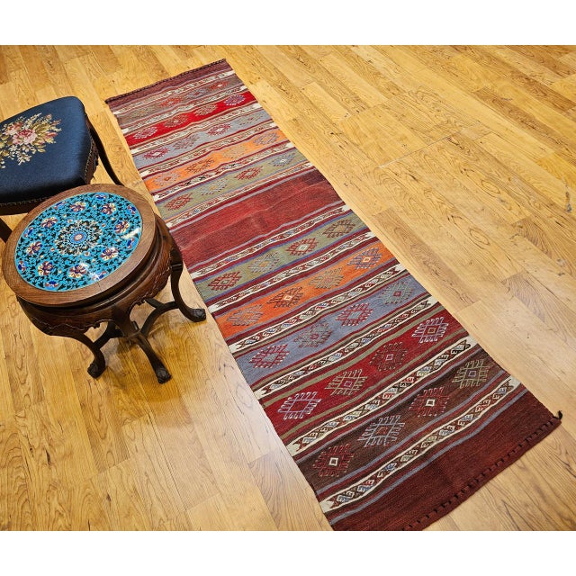 Textile Vintage Moroccan Tribal Kilim Runner, Flat-Woven Wool, Geometric Stripe Pattern, 2x8 For Sale - Image 7 of 15