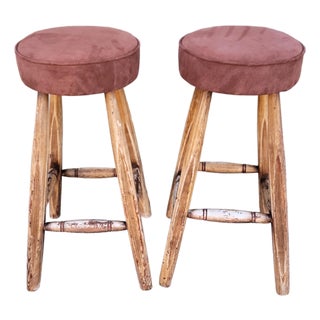 Early 20th Century Original Painted Counter Stools With Suede Seats - Set of 2 For Sale