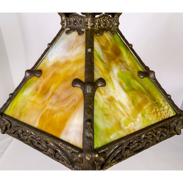 Chartreuse Early 20th Century Cast Bronze & Green Amber Slag Glass Hex Paneled Pendant Light For Sale - Image 8 of 13