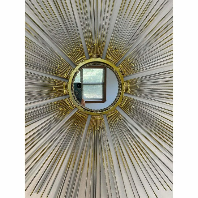 Mid-Century Modern Large Mid 20th Century Chaty Vallauris Style Metal Sunburst Wall Mirror For Sale - Image 3 of 12