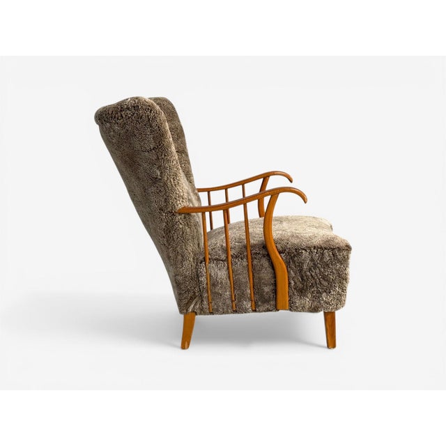 Swedish Modern, Lounge Chairs, Elm, Gray Shearling, Sweden, 1940s For Sale - Image 12 of 16