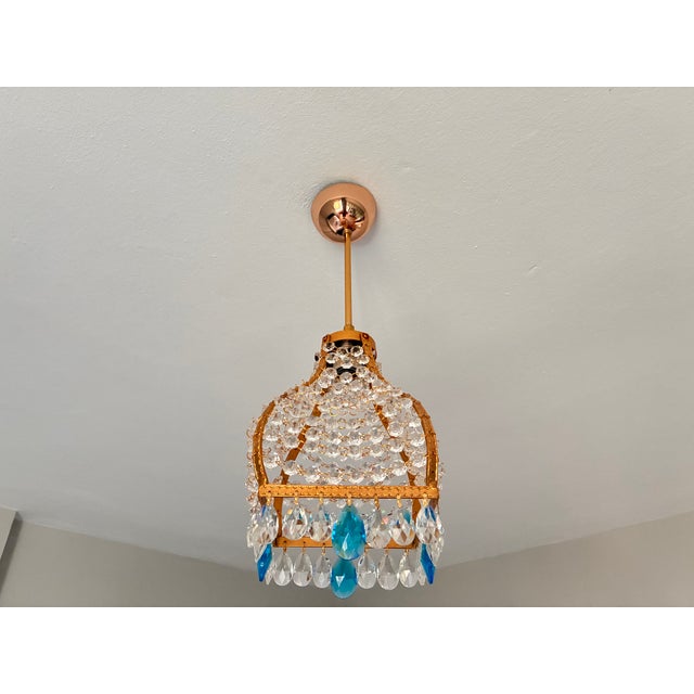 Glass Vintage French Empire Brass & Crystal Pendant Light With Aqua Blue Drops - Restored For Sale - Image 7 of 17