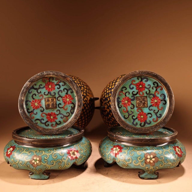 Yellow Monumental Pair of Chinese Cloisonné Enamel "Fish" Vases With Stands - 48cm, 9.6kg For Sale - Image 8 of 8