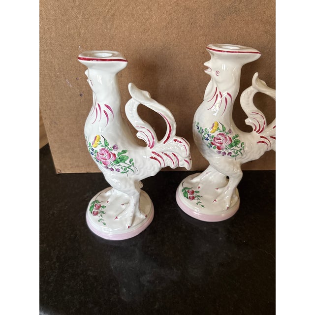 Ceramic French Luneville Rooster Candle Holders For Sale - Image 7 of 9