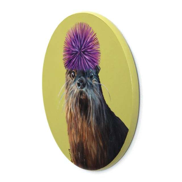 Contemporary Otter's Purple Urchin Crown - Original Surreal Animal Portrait Oil Painting on Wood Panel by Jj Galloway For Sale - Image 3 of 9