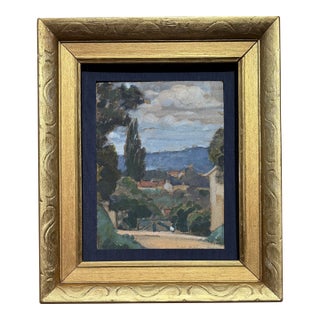 1950s French Mountain Village View Original Painting in Vintage Gold Frame For Sale
