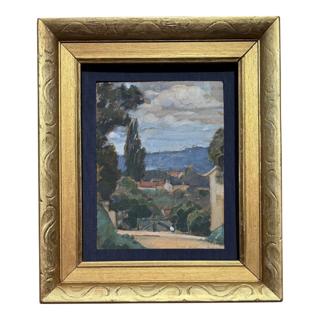 1950s French Mountain Village View Original Painting in Vintage Gold Frame For Sale