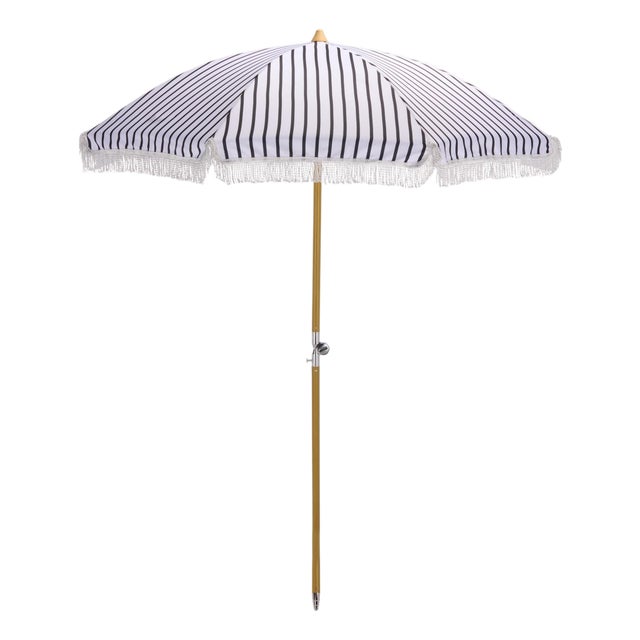 Bella 6.5 Ft Beach Fringed Umbrella, Black Bistro Stripe For Sale